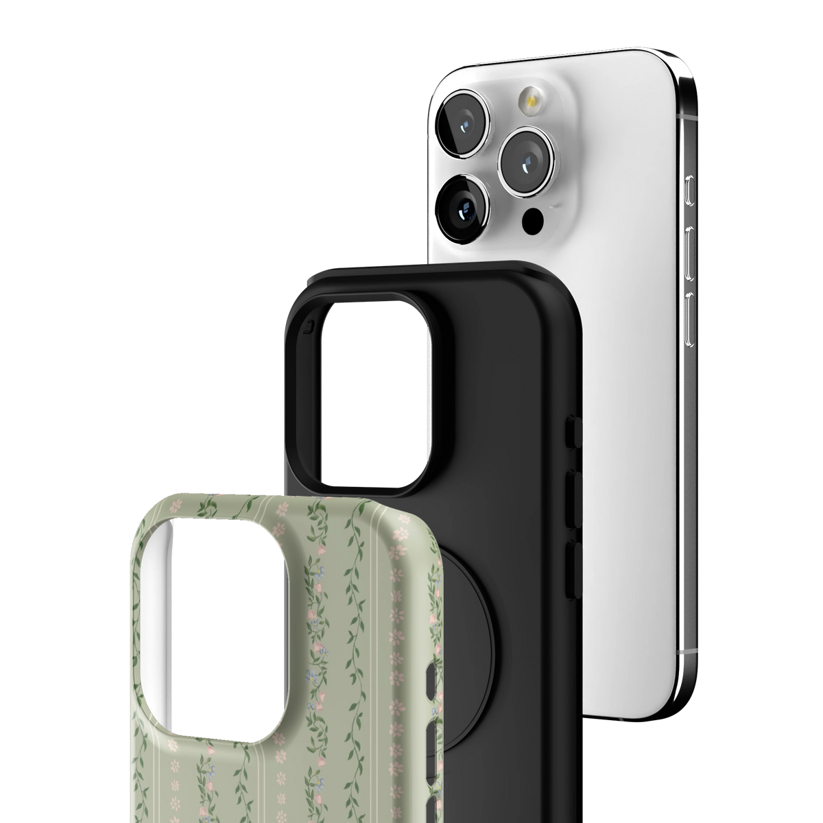 Exploded view of the Camellia iPhone 15 Pro case: printed shell, black inner layer with MagSafe ring, and phone
