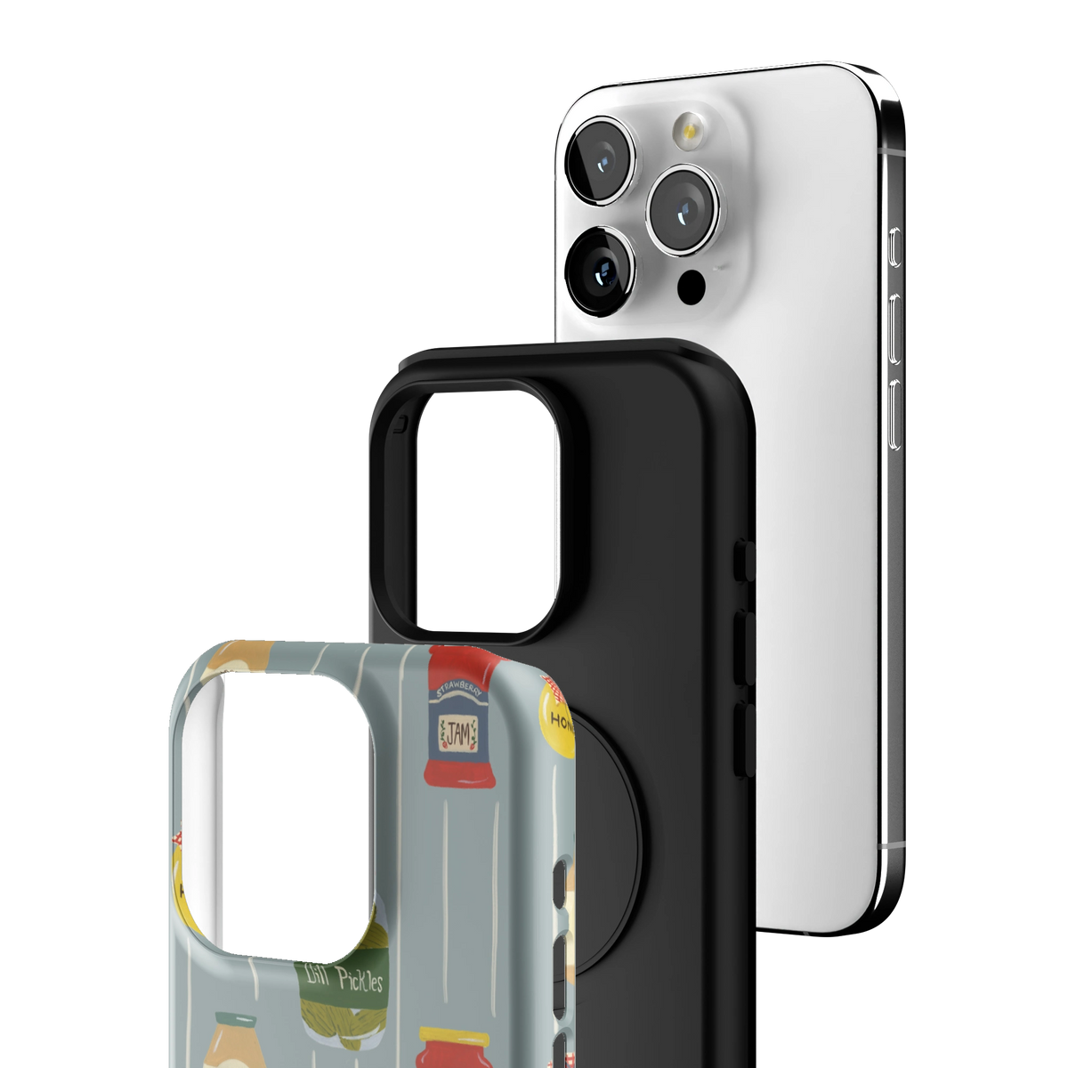 Exploded view of the Preserves Personalized iPhone 15 Pro case: printed shell, black inner layer with MagSafe ring, and phone