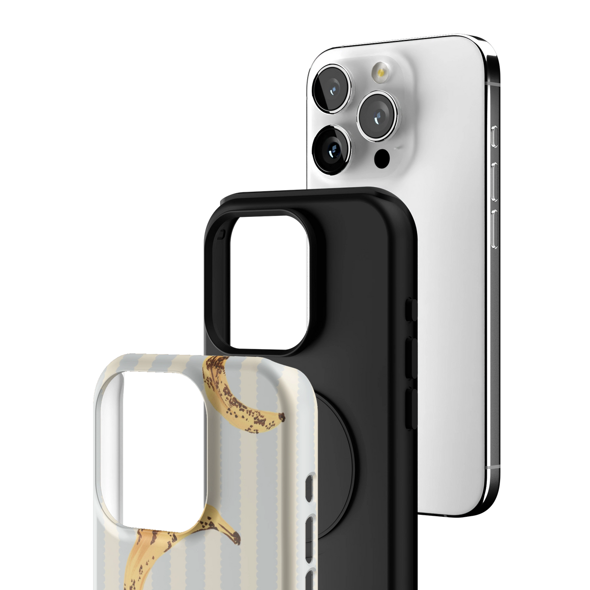 Exploded view of the Striped Bananas Personalized iPhone 15 Pro case: printed shell, black inner layer with MagSafe ring, and phone