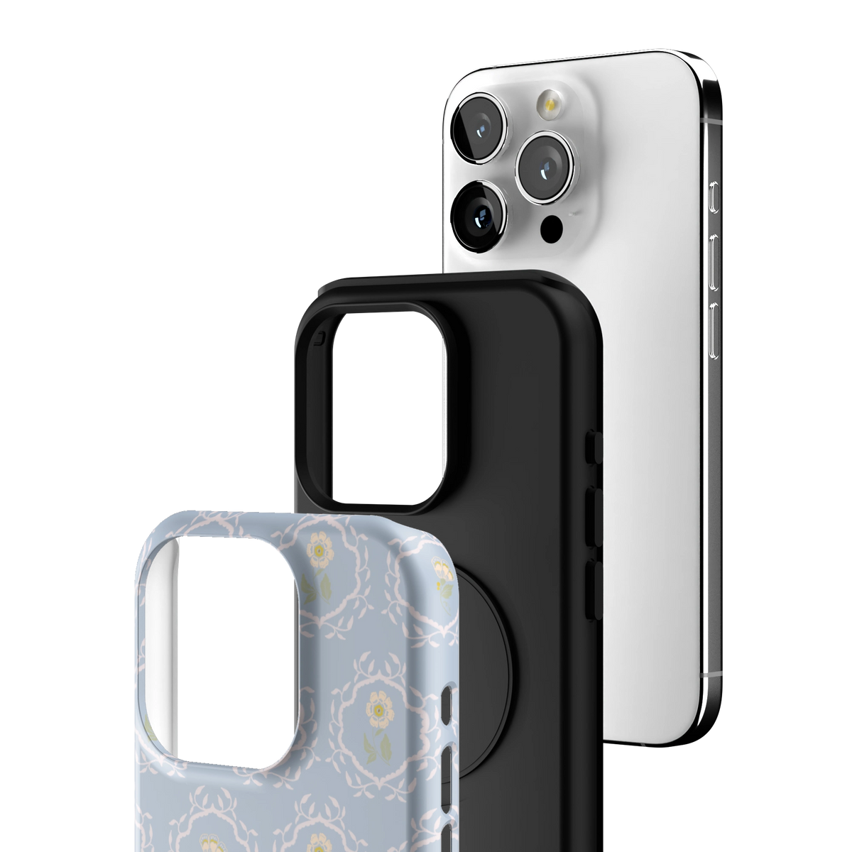 Exploded view of the Merrigold iPhone 15 Pro case: printed shell, black inner layer with MagSafe ring, and phone