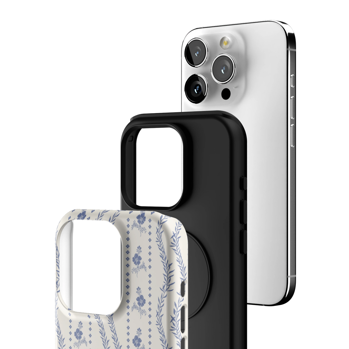 Exploded view of the Riviera iPhone 15 Pro case: printed shell, black inner layer with MagSafe ring, and phone