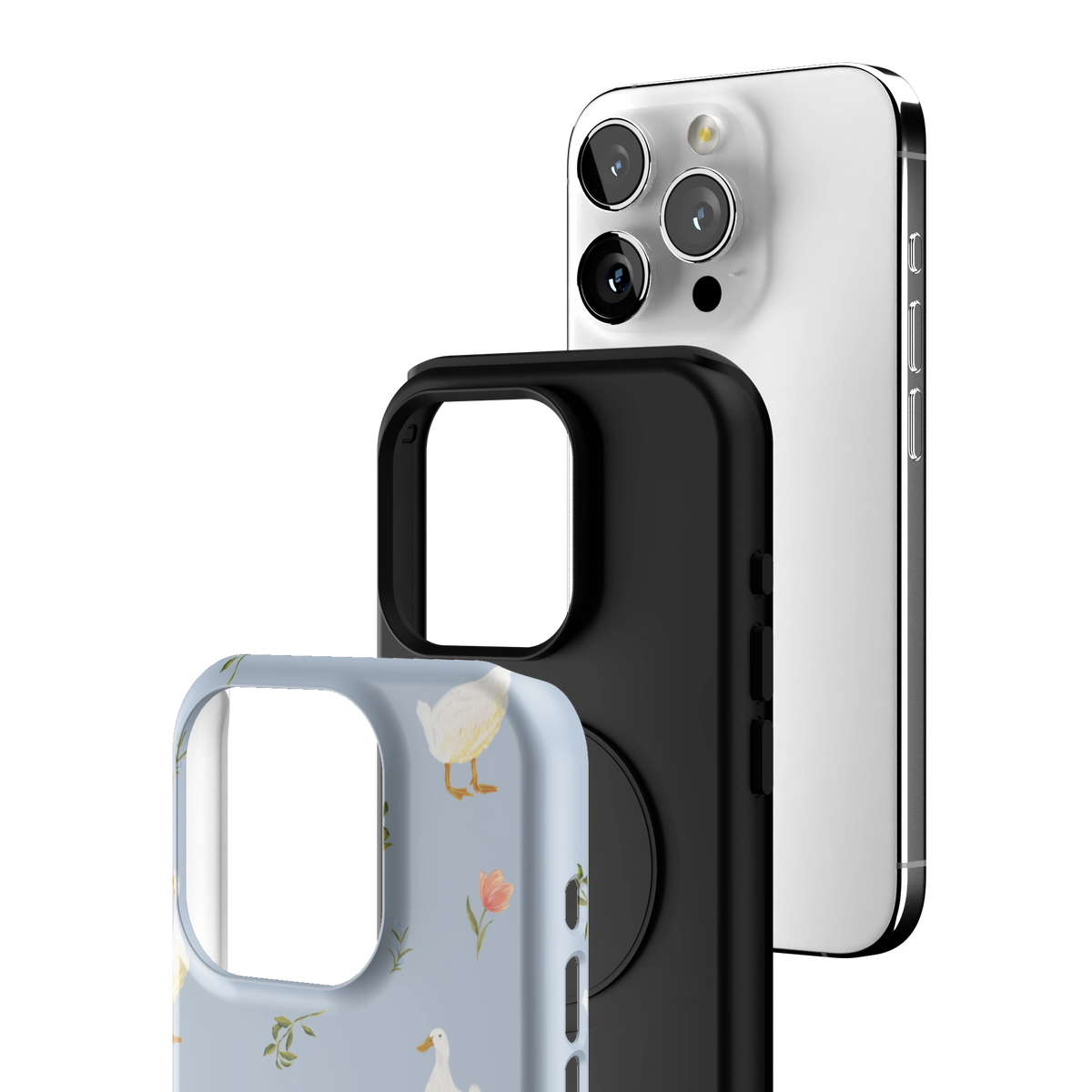 Exploded view of the Ducks iPhone 15 Pro case: printed shell, black inner layer with MagSafe ring, and phone
