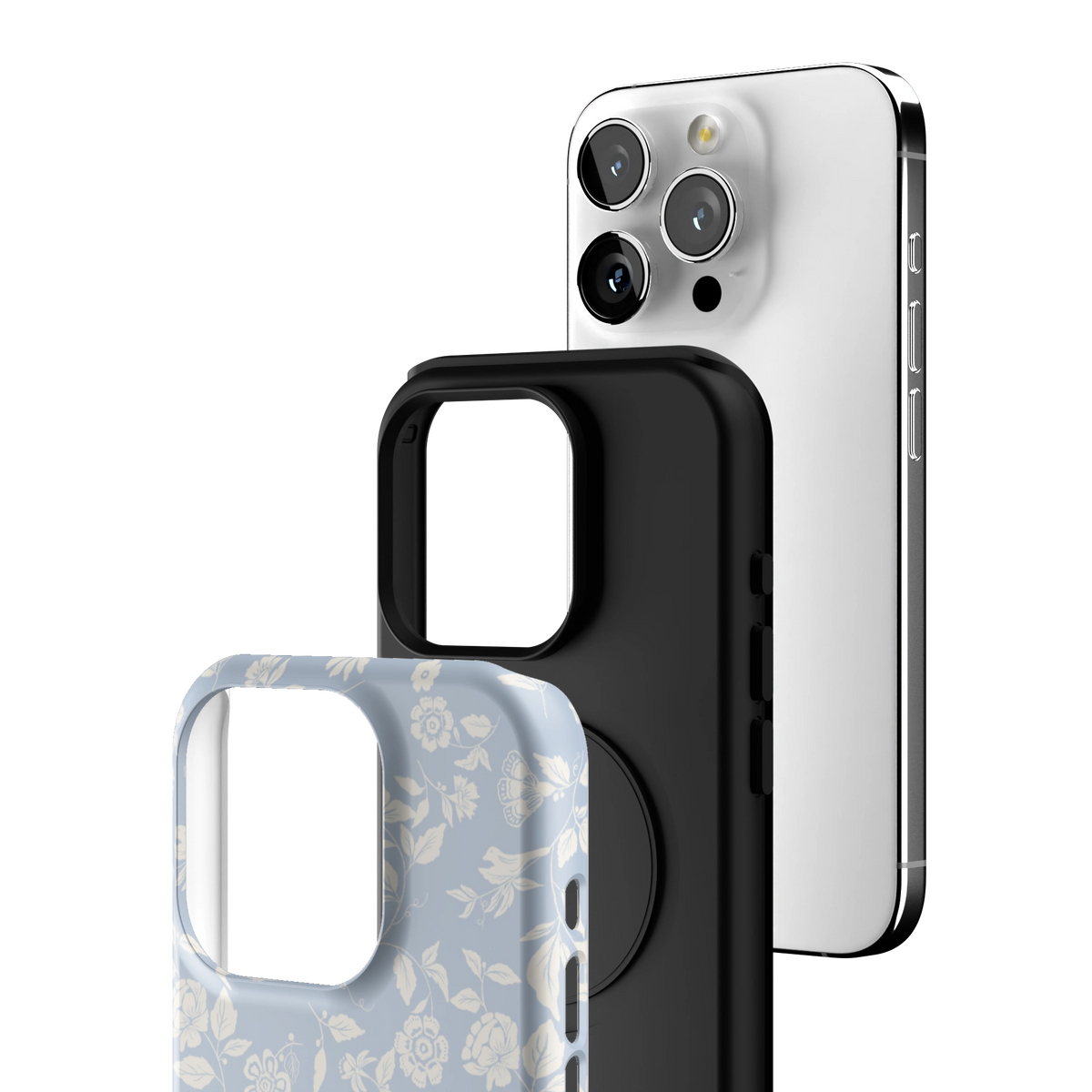 Exploded view of the Spritz iPhone 15 Pro case: printed shell, black inner layer with MagSafe ring, and phone