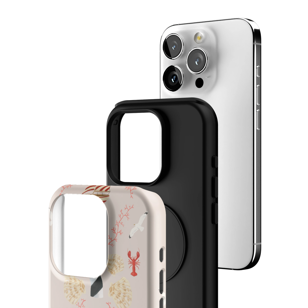 Exploded view of the Lighthouse Personalized iPhone 15 Pro case: printed shell, black inner layer with MagSafe ring, and phone