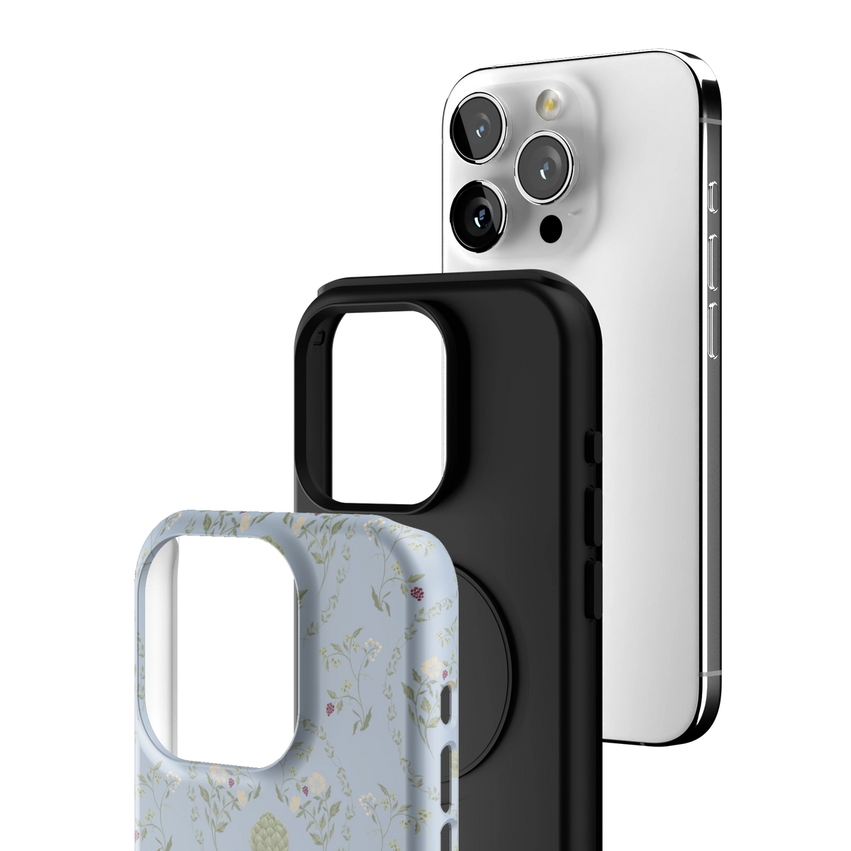 Exploded view of the Artichoke iPhone 15 Pro case: printed shell, black inner layer with MagSafe ring, and phone
