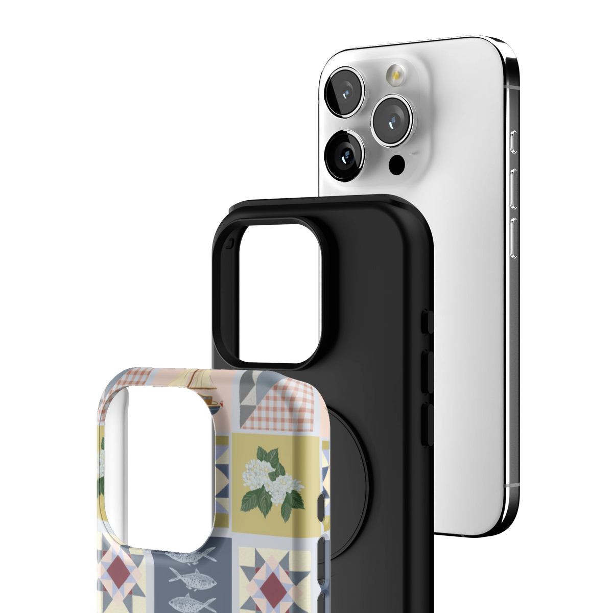 Exploded view of the Coastal Quilt iPhone 15 Pro case: printed shell, black inner layer with MagSafe ring, and phone