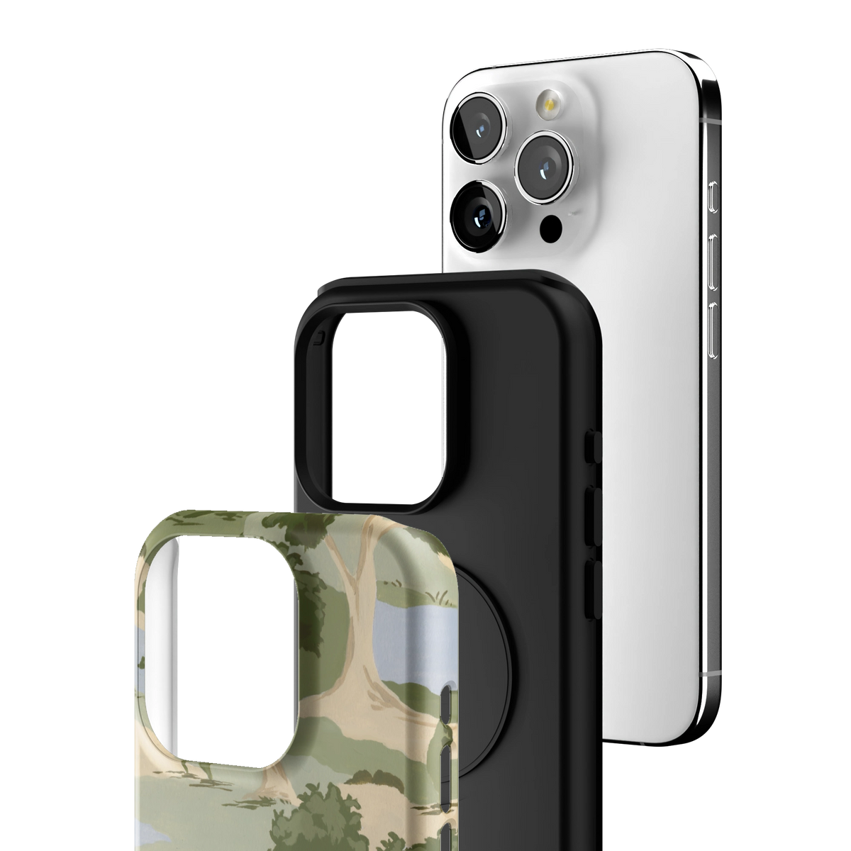 Exploded view of the Orchard iPhone 15 Pro case: printed shell, black inner layer with MagSafe ring, and phone