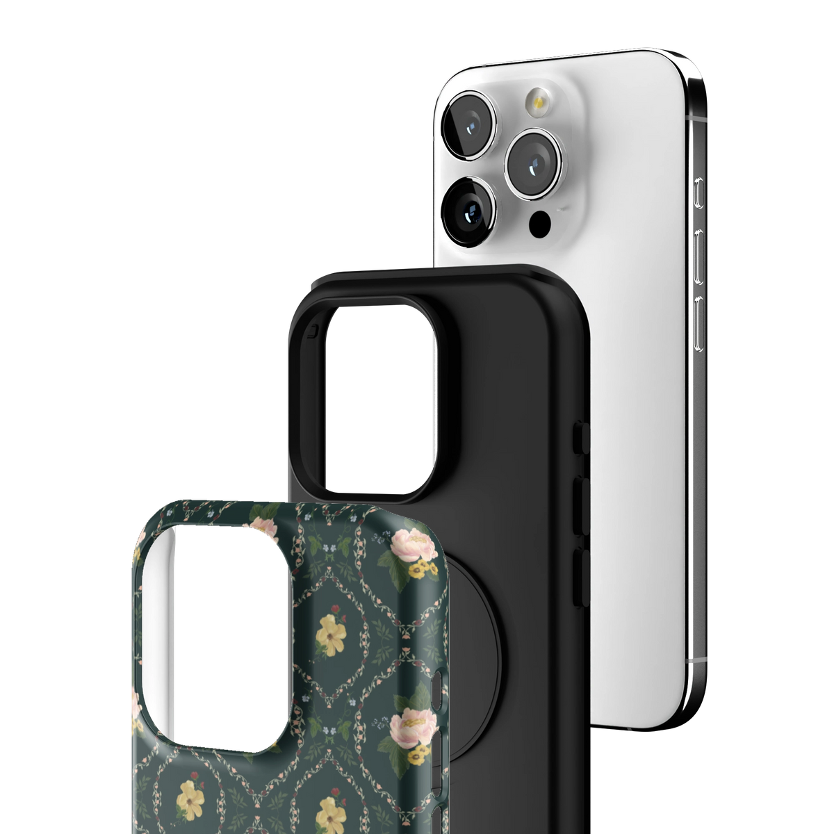 Exploded view of the Meadow iPhone 15 Pro case: printed shell, black inner layer with MagSafe ring, and phone