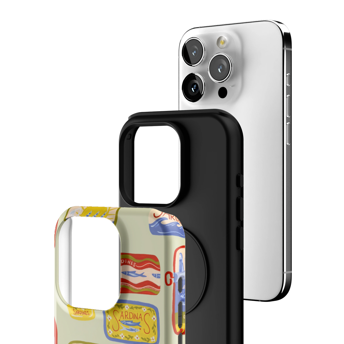 Exploded view of the Sardines Personalized iPhone 15 Pro case: printed shell, black inner layer with MagSafe ring, and phone
