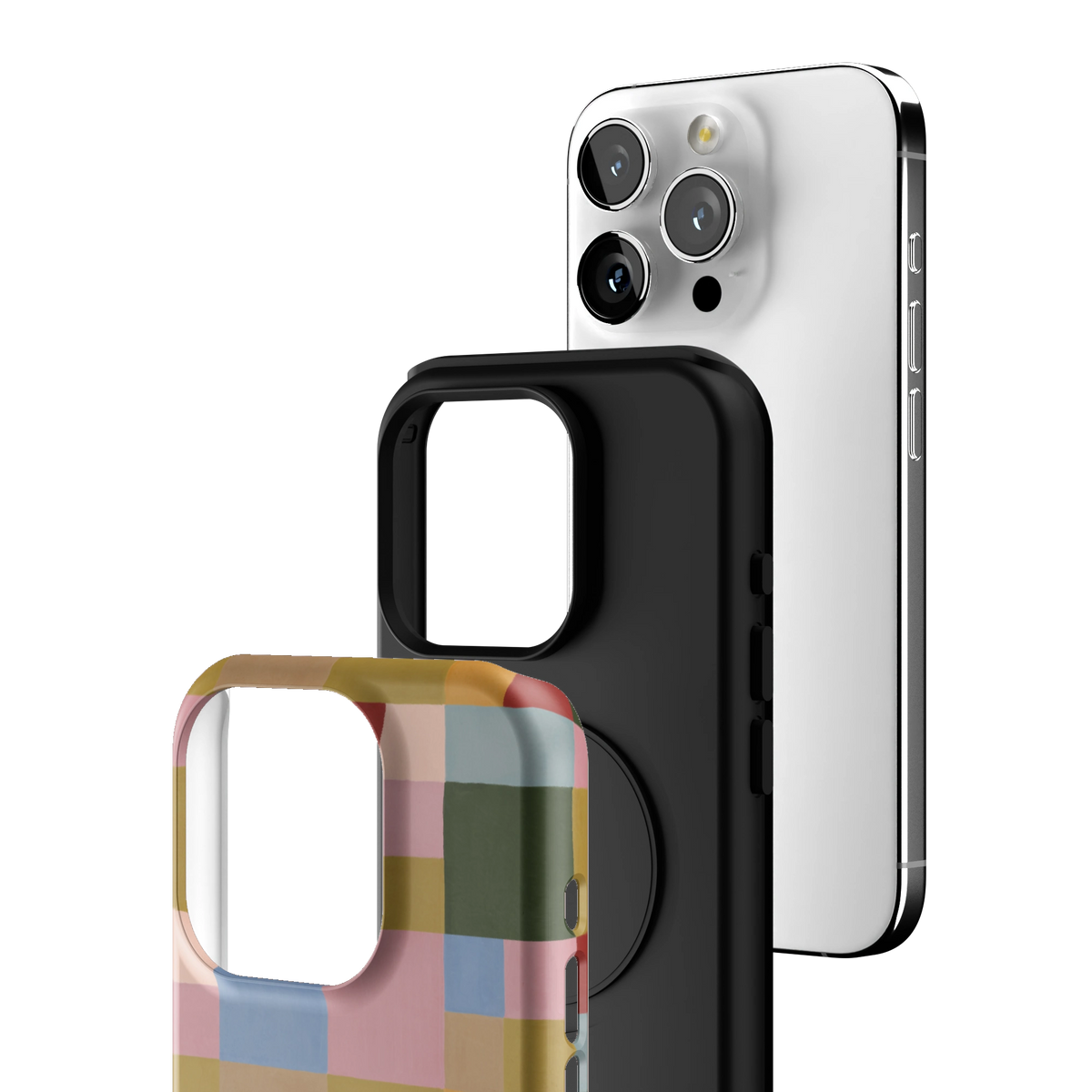 Exploded view of the Colorblock iPhone 15 Pro case: printed shell, black inner layer with MagSafe ring, and phone
