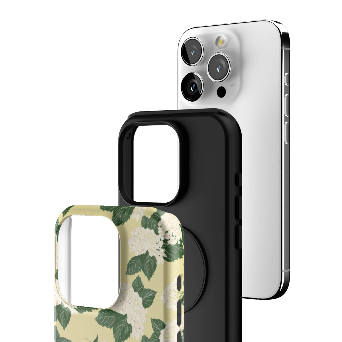 Exploded view of the Hydrangea iPhone 15 Pro case: printed shell, black inner layer with MagSafe ring, and phone