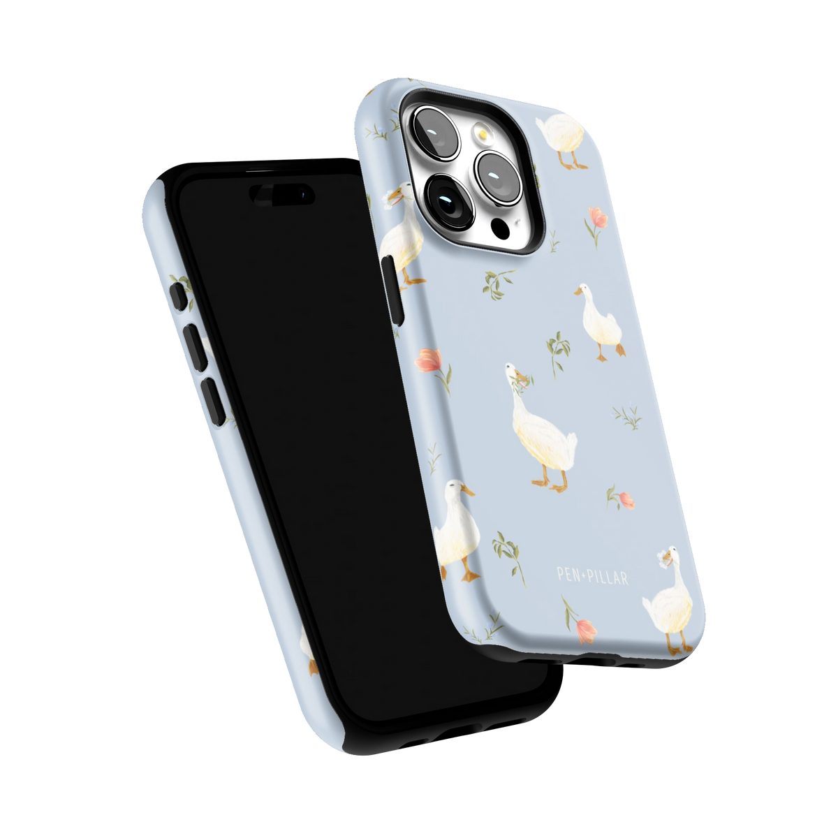 Ducks iPhone 15 Pro case tilted to show the raised edges around the screen and camera