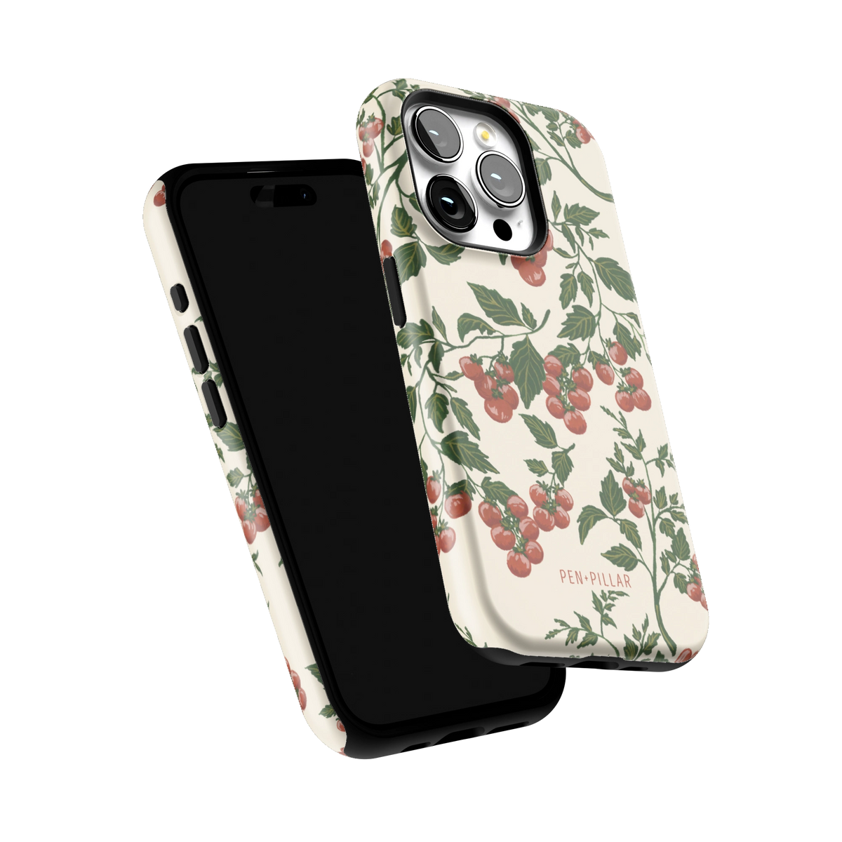 Tomato Vines iPhone 15 Pro case tilted to show the raised edges around the screen and camera