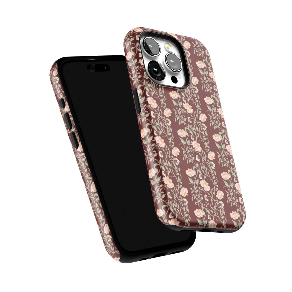 Thicket iPhone 15 Pro case tilted to show the raised edges around the screen and camera