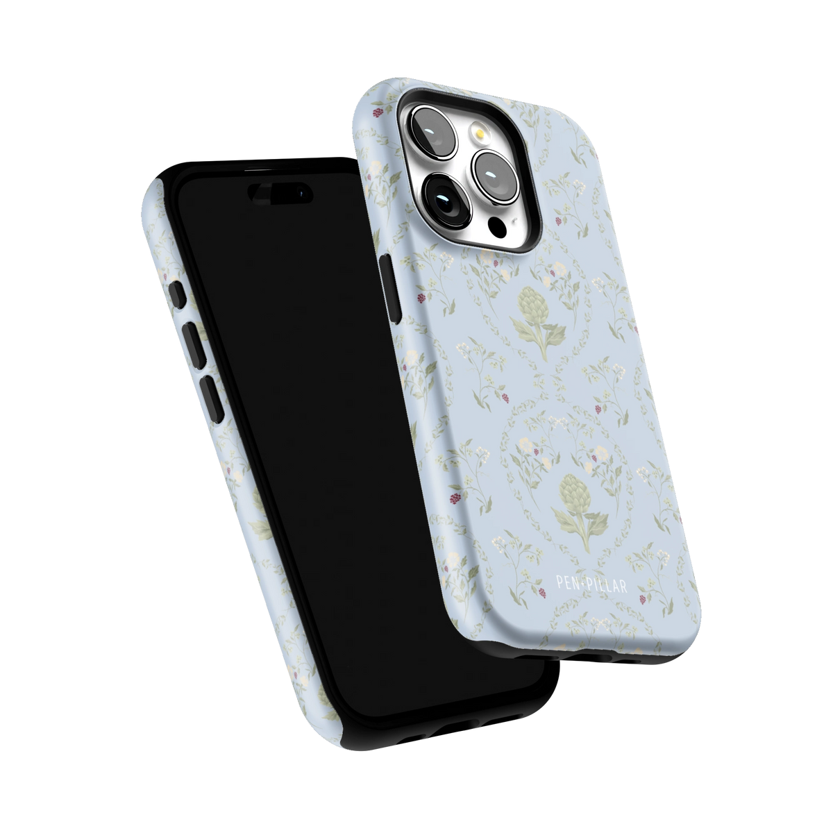 Artichoke iPhone 15 Pro case tilted to show the raised edges around the screen and camera