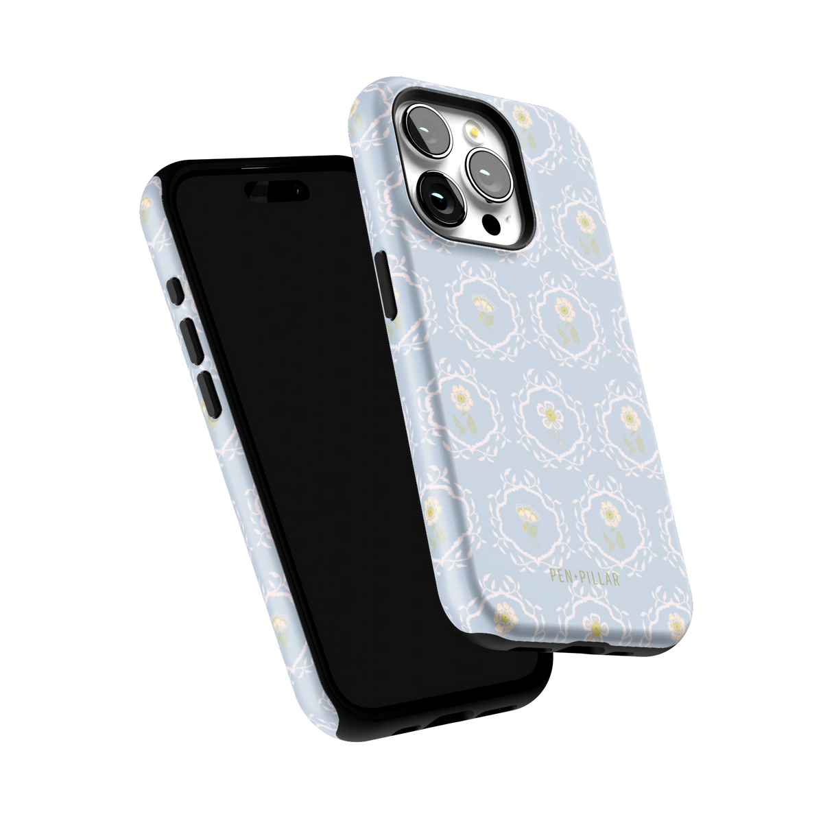 Merrigold iPhone 15 Pro case tilted to show the raised edges around the screen and camera