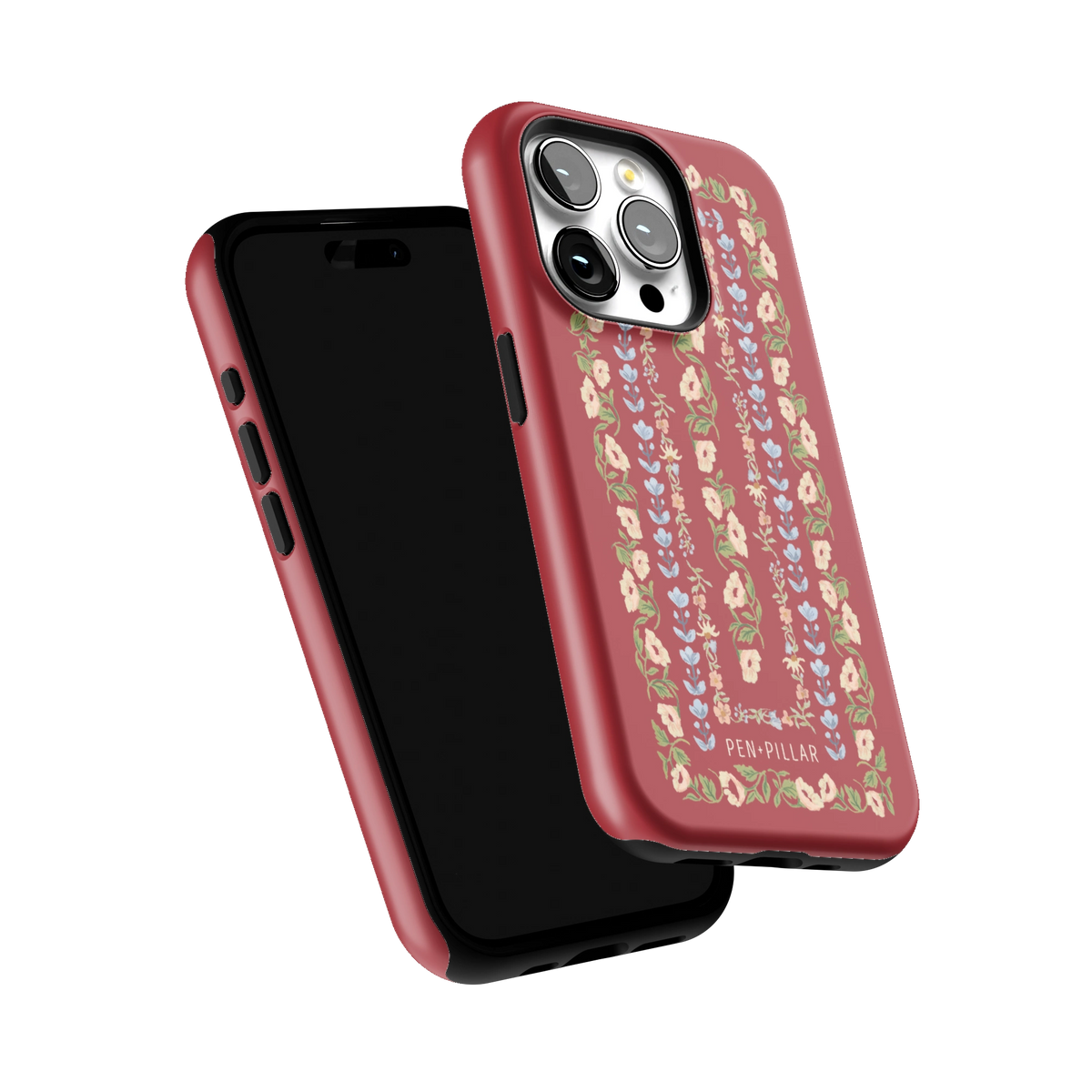 Fiona iPhone 15 Pro case tilted to show the raised edges around the screen and camera
