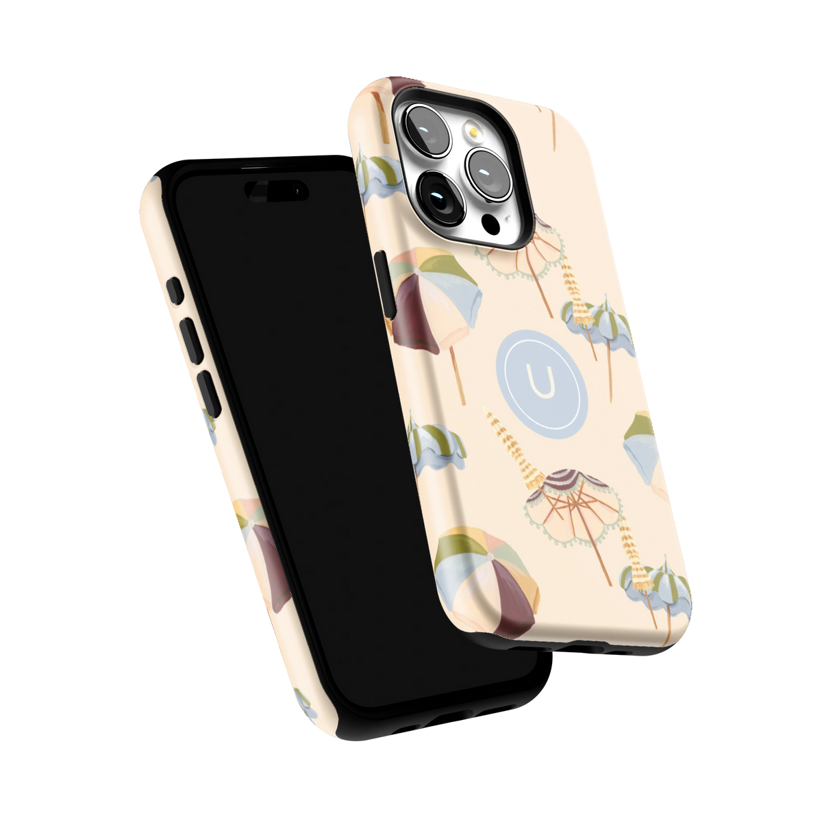 Umbrellas Personalized iPhone 15 Pro case tilted to show the raised edges around the screen and camera