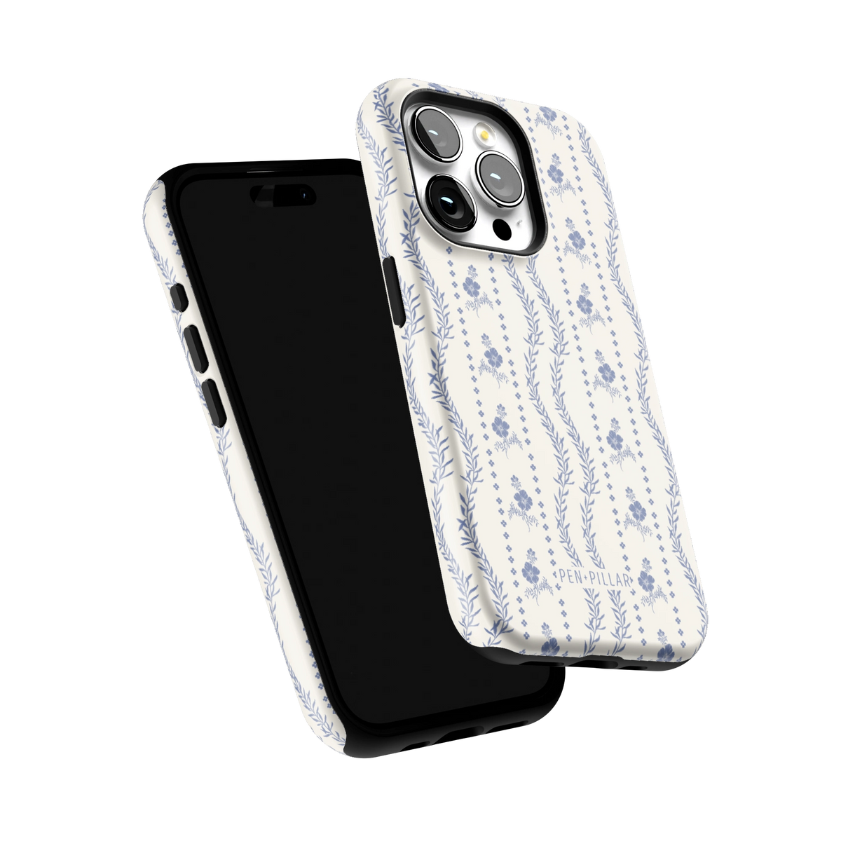 Riviera iPhone 15 Pro case tilted to show the raised edges around the screen and camera