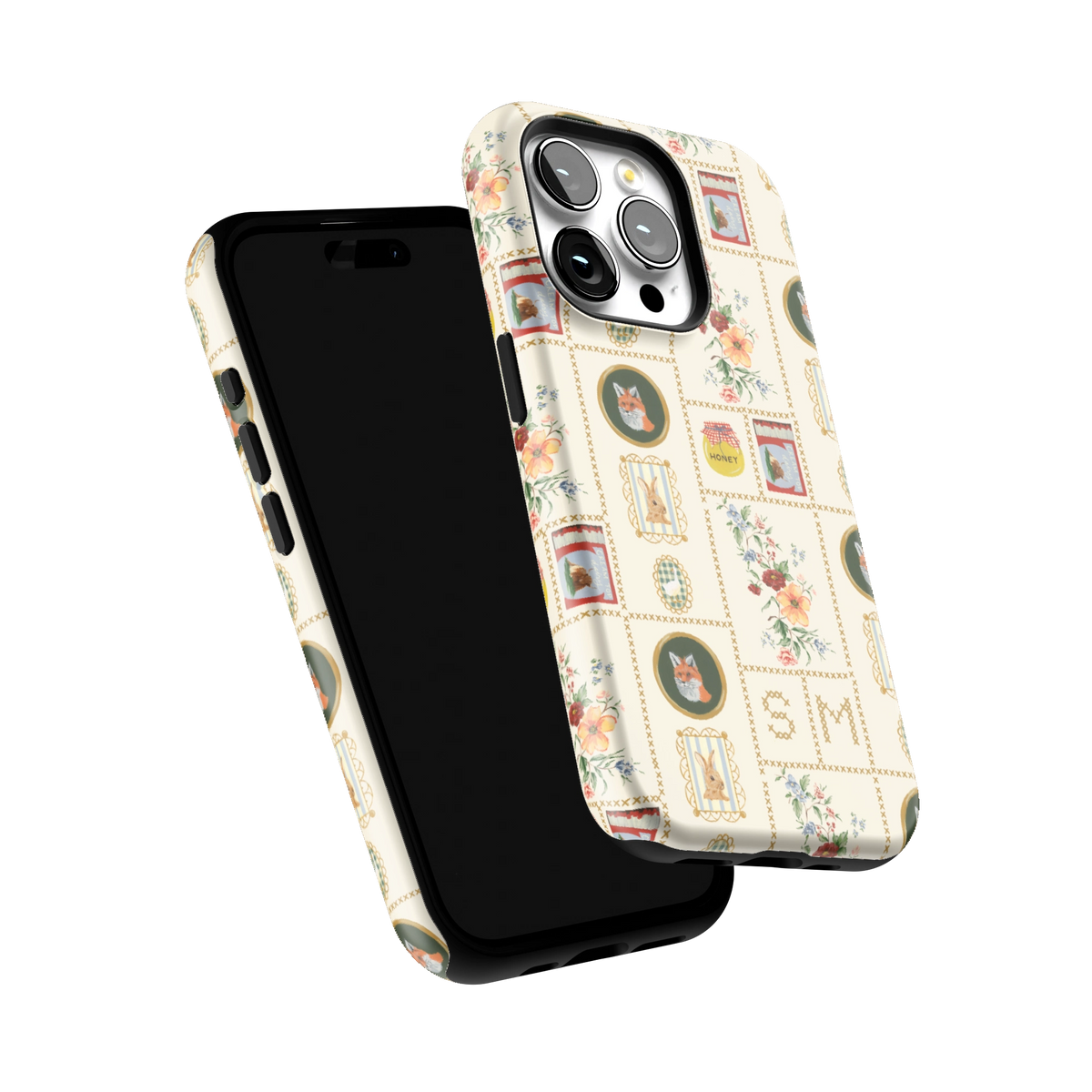 Sampler Personalized iPhone 15 Pro case tilted to show the raised edges around the screen and camera