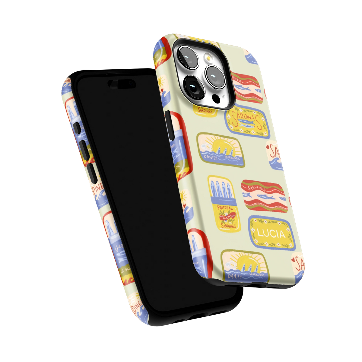 Sardines Personalized iPhone 15 Pro case tilted to show the raised edges around the screen and camera