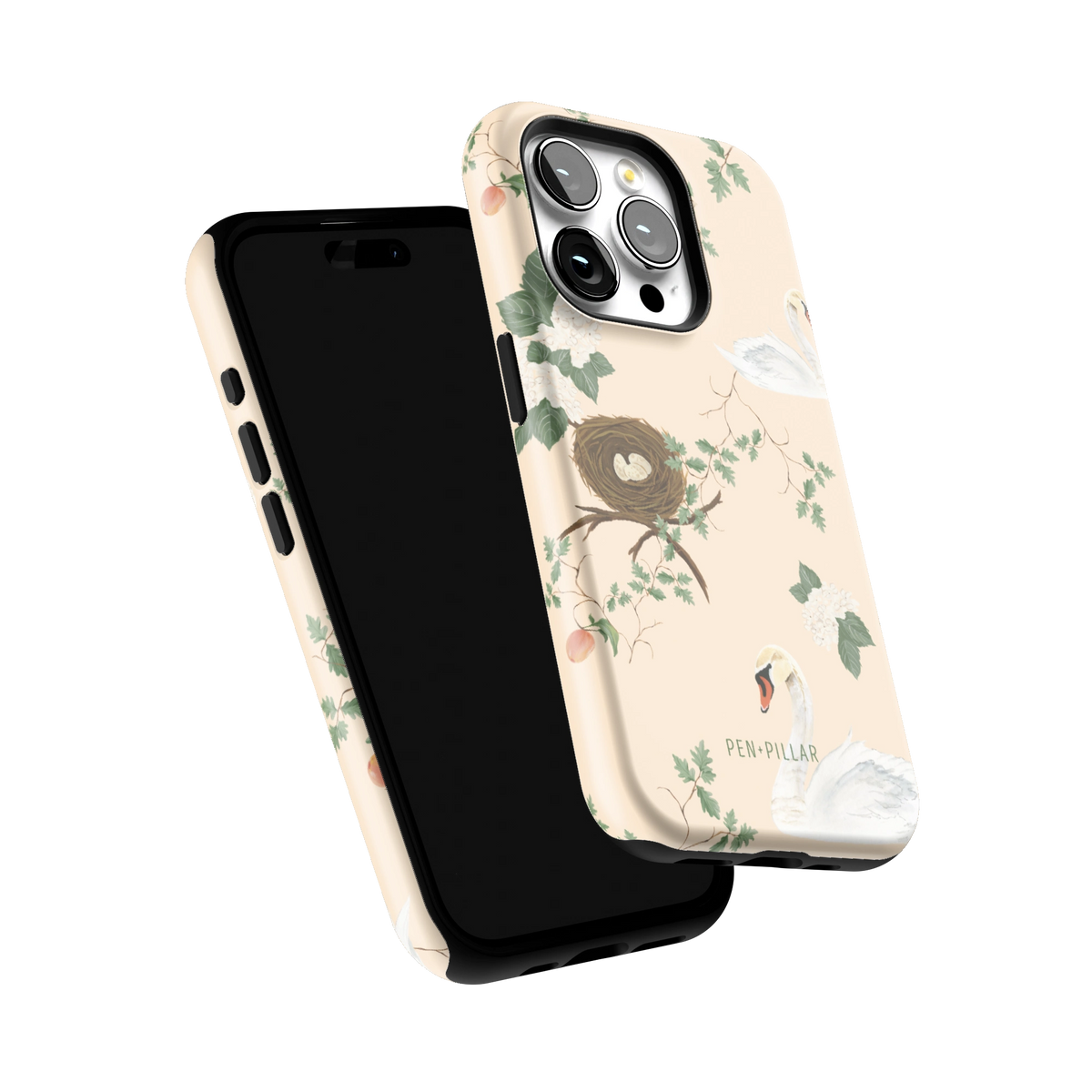 Swan Hollow iPhone 15 Pro case tilted to show the raised edges around the screen and camera