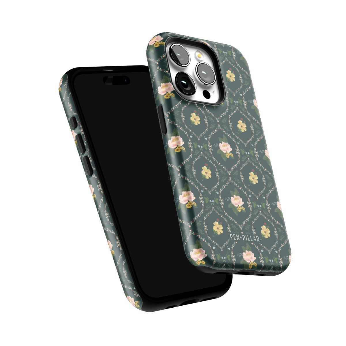 Meadow iPhone 15 Pro case tilted to show the raised edges around the screen and camera
