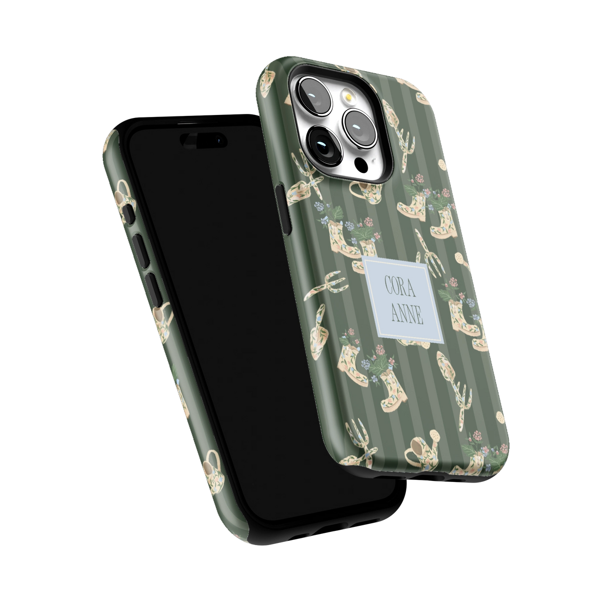In the Garden Personalized iPhone 15 Pro case tilted to show the raised edges around the screen and camera