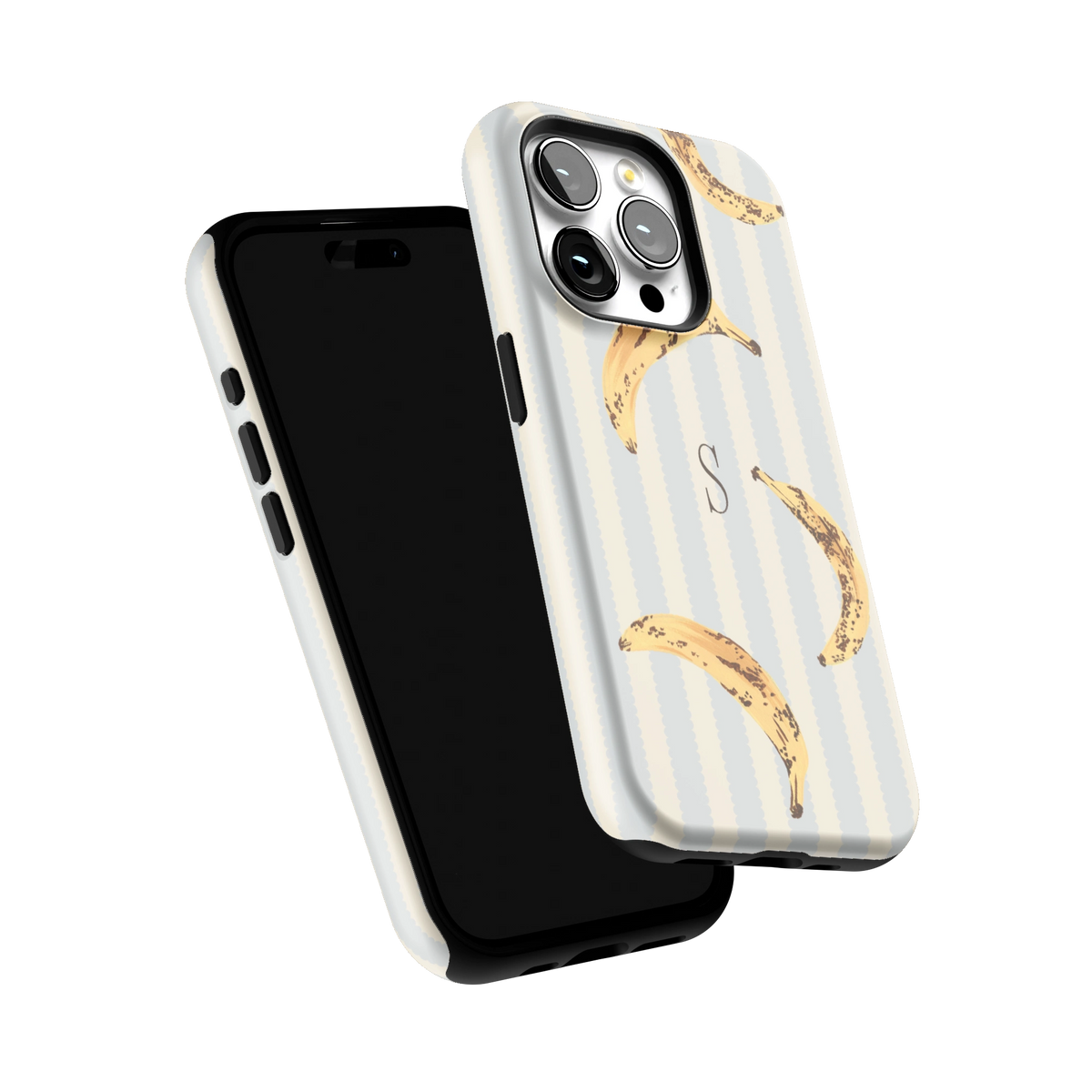 Striped Bananas Personalized iPhone 15 Pro case tilted to show the raised edges around the screen and camera