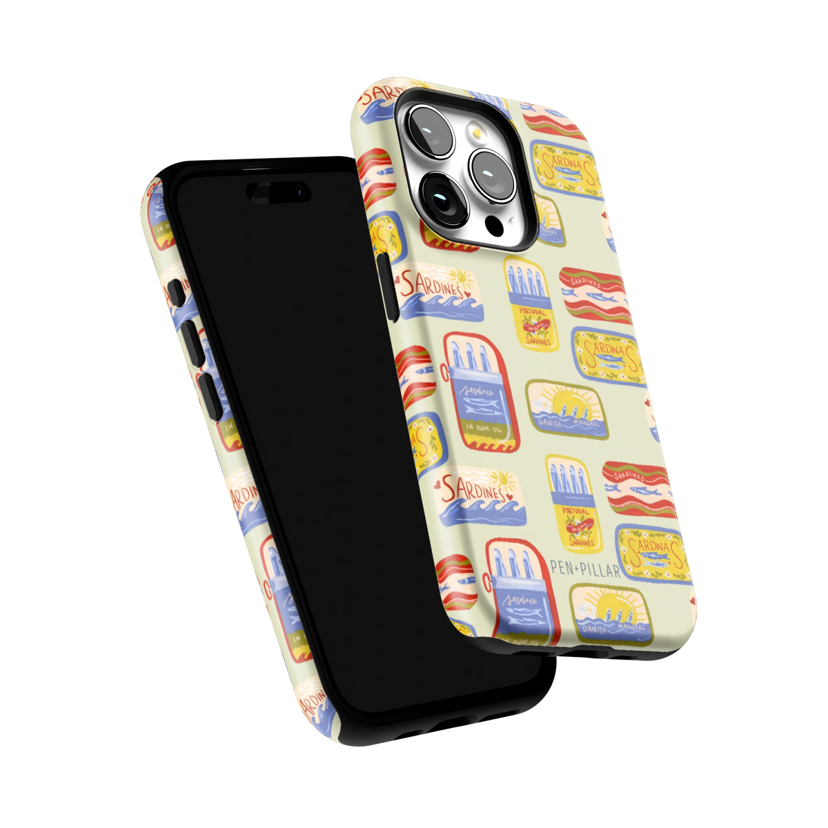 Sardines iPhone 15 Pro case tilted to show the raised edges around the screen and camera