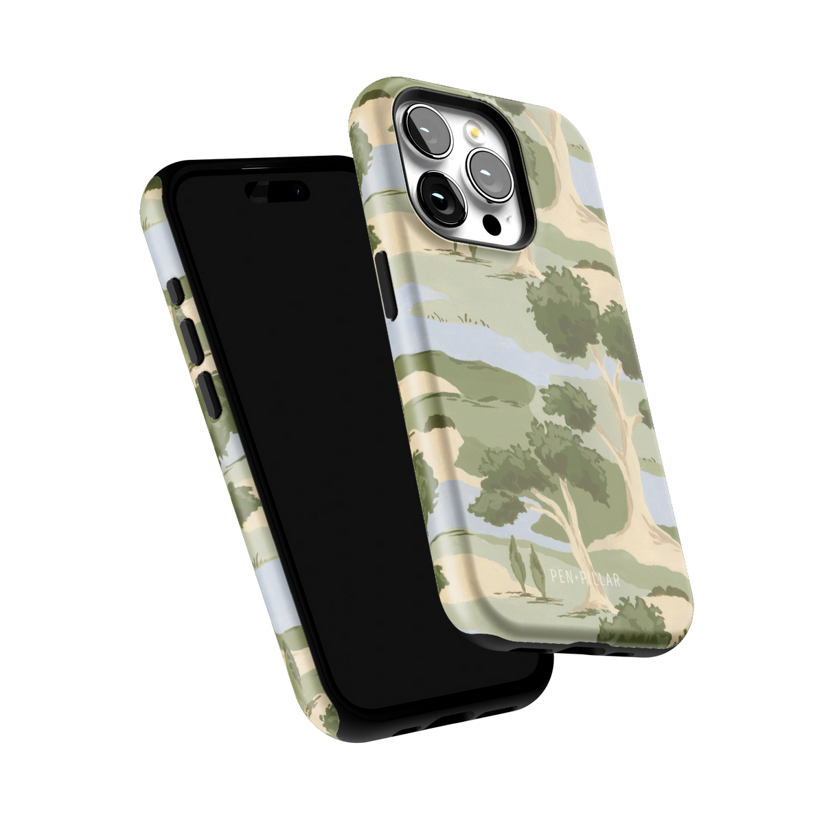Orchard iPhone 15 Pro case tilted to show the raised edges around the screen and camera