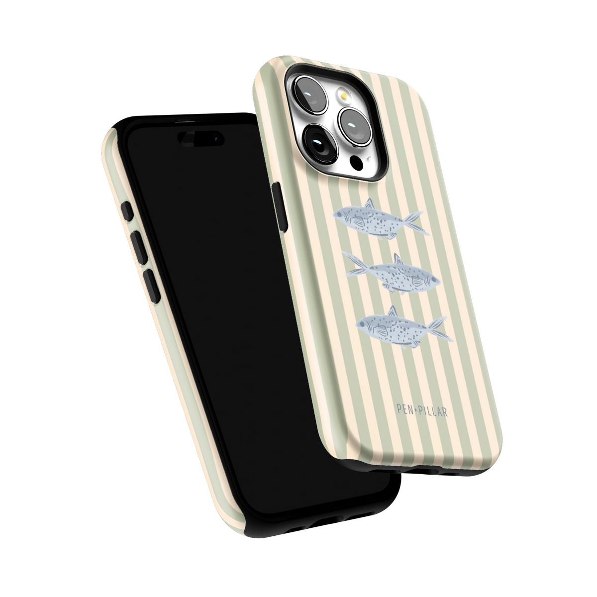 Sea Stripes iPhone 15 Pro case tilted to show the raised edges around the screen and camera