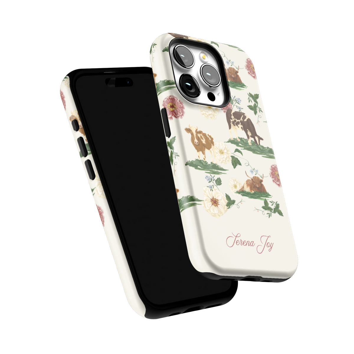 Pasture Personalized iPhone 15 Pro case tilted to show the raised edges around the screen and camera