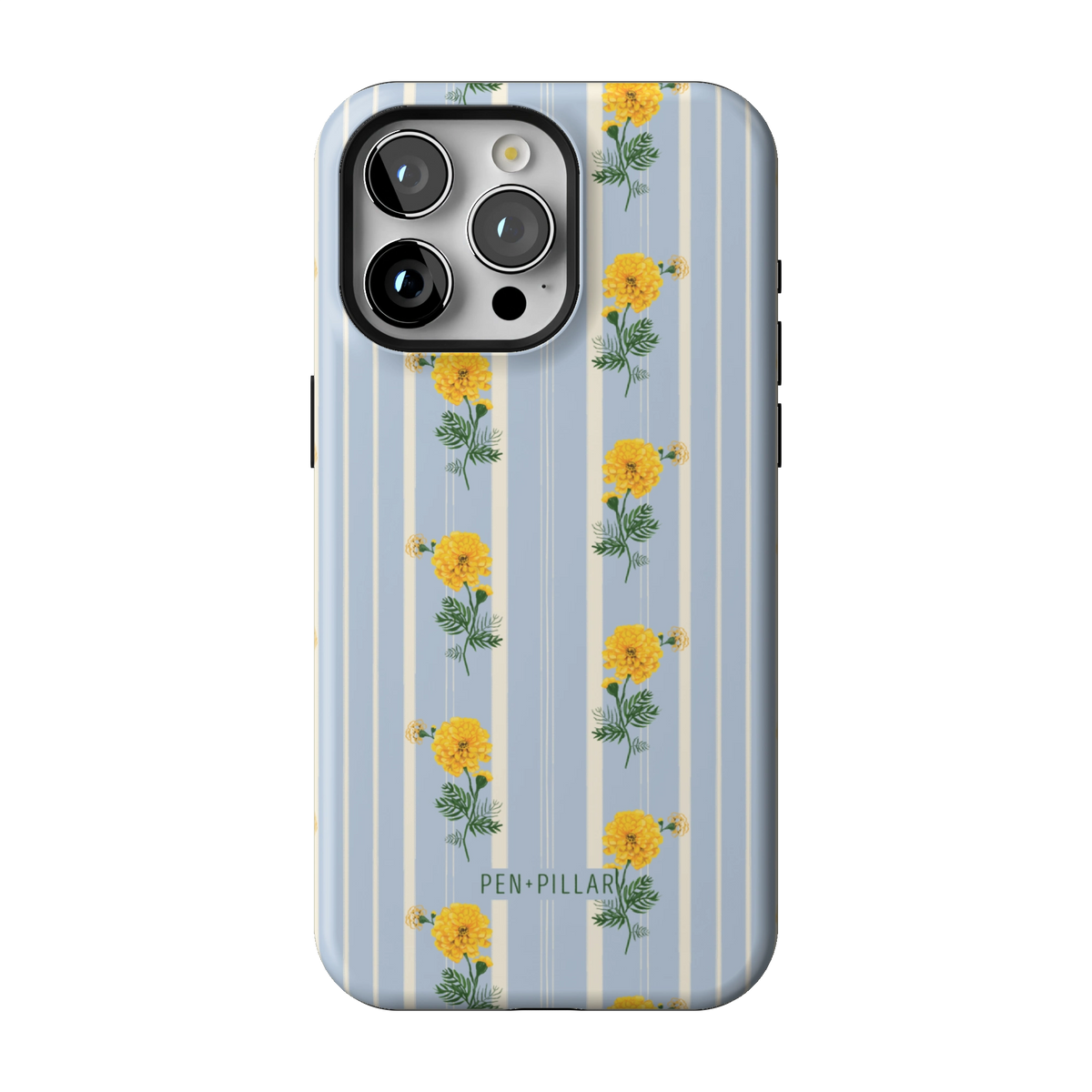 October Birth Month case on iPhone 15 Pro Max, back view: yellow marigolds on blue and cream stripes