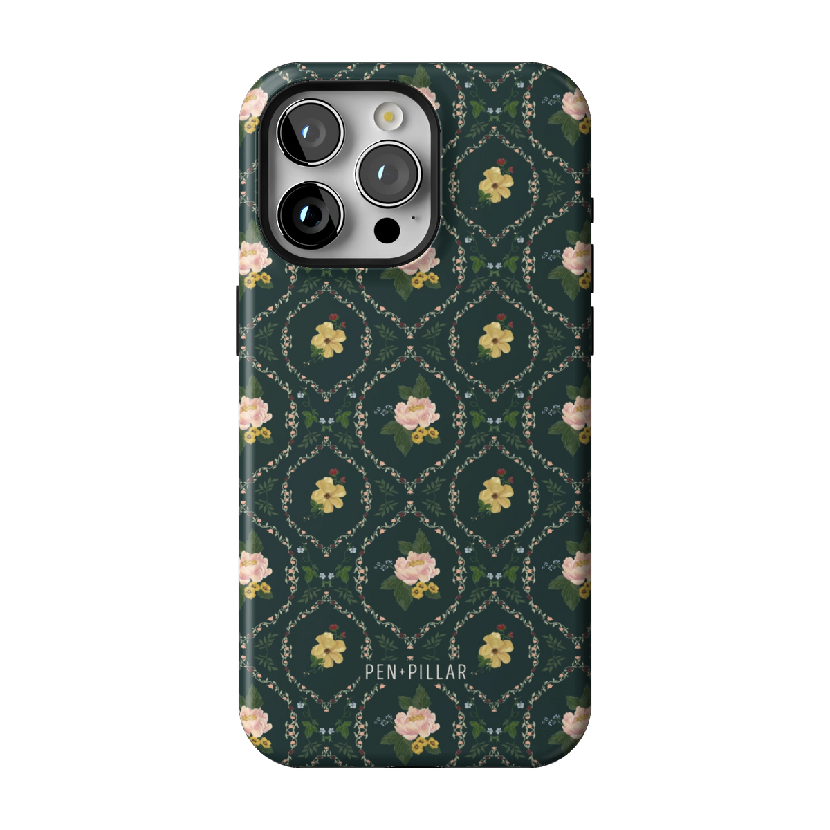 Meadow case on iPhone 15 Pro Max, back view: small yellow and pink flowers in a diamond trellis on deep green