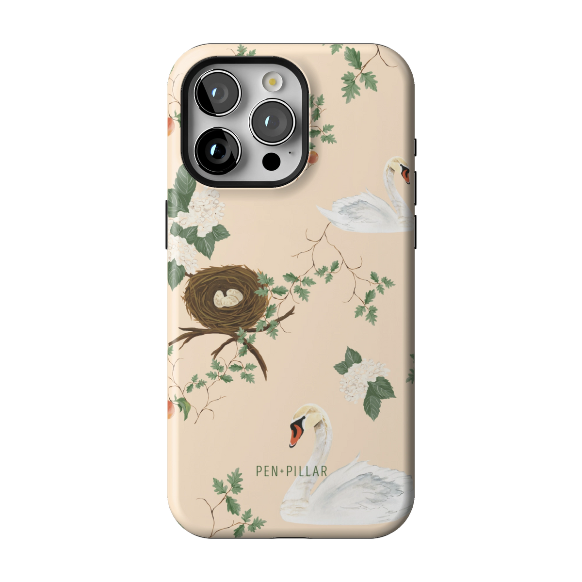 Swan Hollow case on iPhone 15 Pro Max, back view: swans, a bird's nest and trailing greenery on cream
