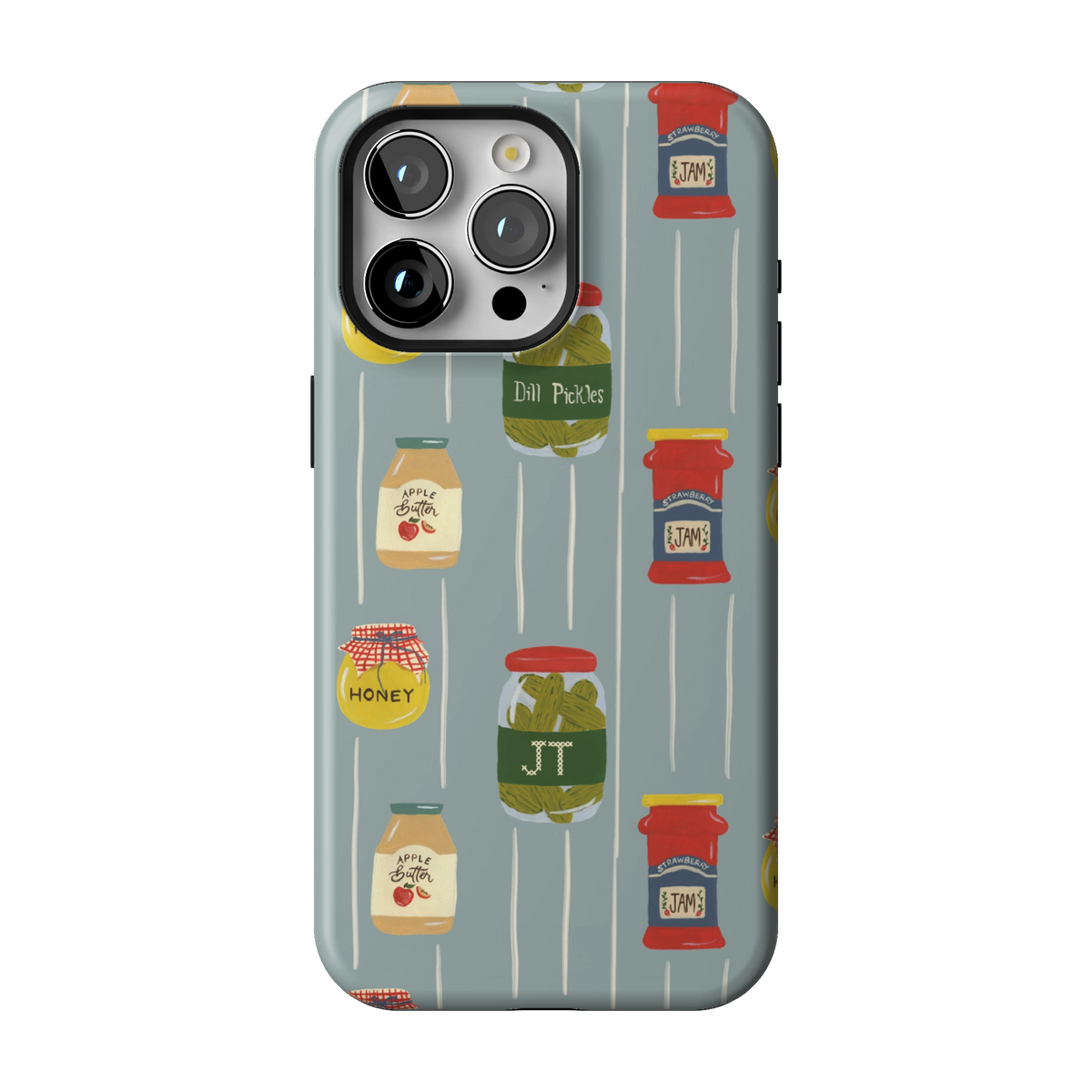 Preserves Personalized case on iPhone 15 Pro Max, back view: jars of honey, pickles and jam on slate blue stripes with the initials JT