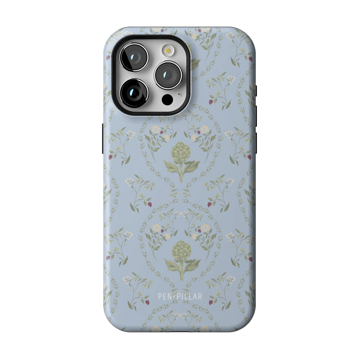 Artichoke case on iPhone 15 Pro Max, back view: soft green artichokes in a vintage trellis on dusty blue