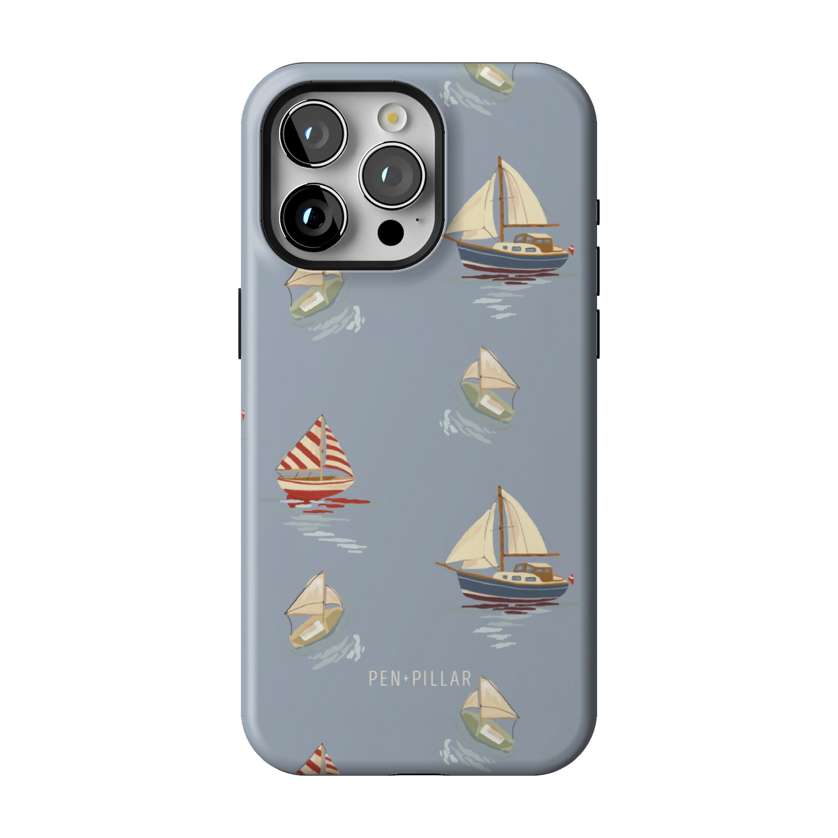 Harbor case on iPhone 15 Pro Max, back view: sailboats and paper boats on dusty blue