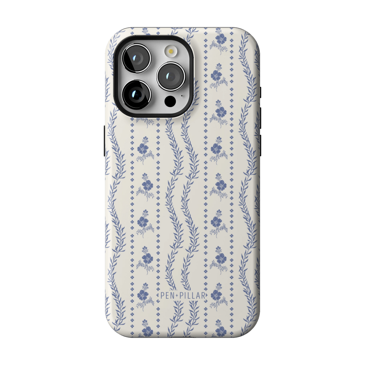 Riviera case on iPhone 15 Pro Max, back view: blue florals and vines in stripes on white