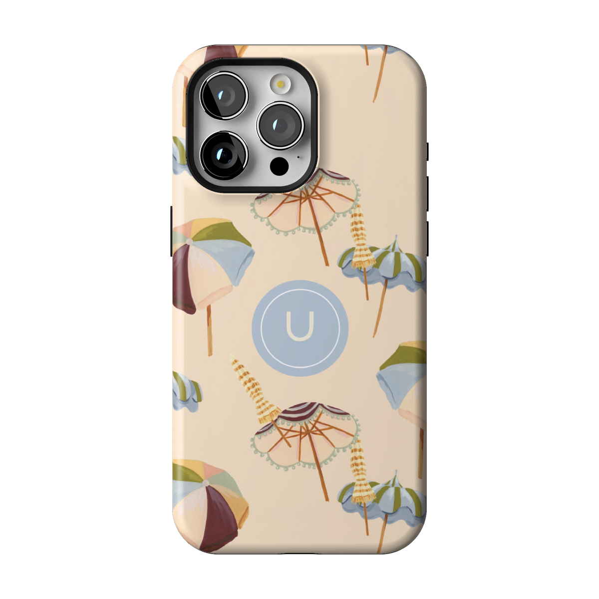 Umbrellas Personalized case on iPhone 15 Pro Max, back view: striped beach umbrellas and loungers on warm sand with the initial U