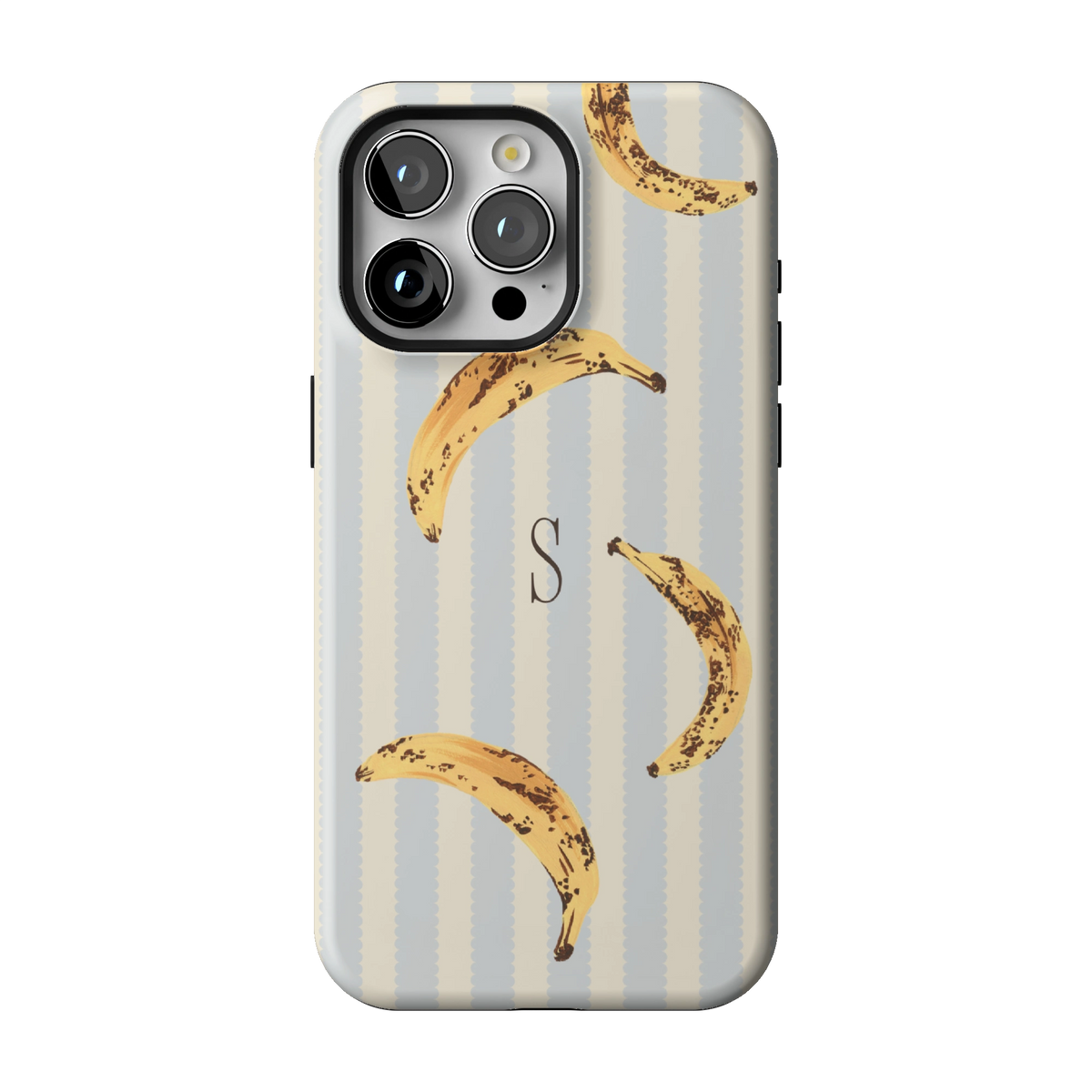 Striped Bananas Personalized case on iPhone 15 Pro Max, back view: ripe bananas on pale blue and cream stripes with the initial S