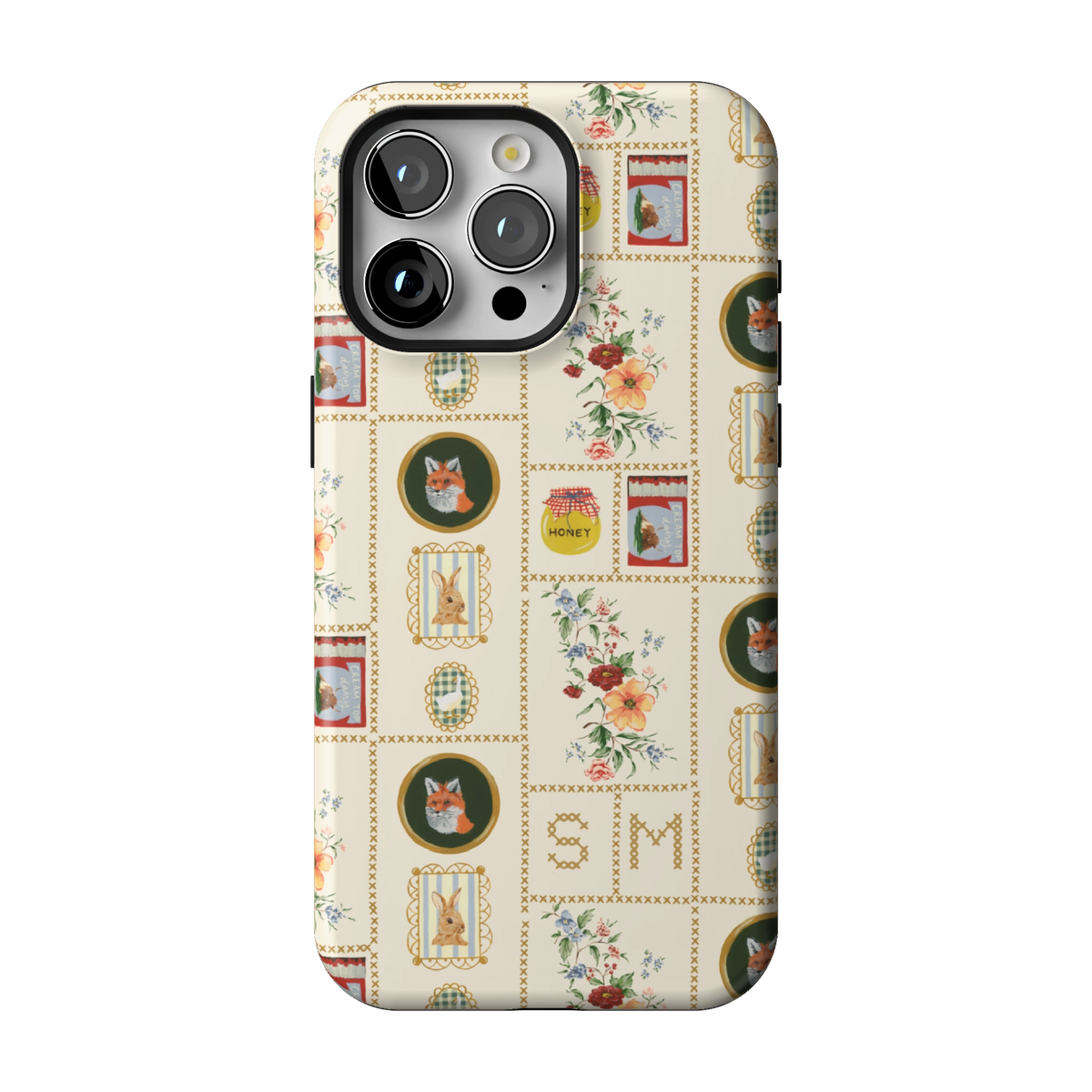 Sampler Personalized case on iPhone 15 Pro Max, back view: cross-stitch style squares of jars, animals and florals on cream with the initials SM