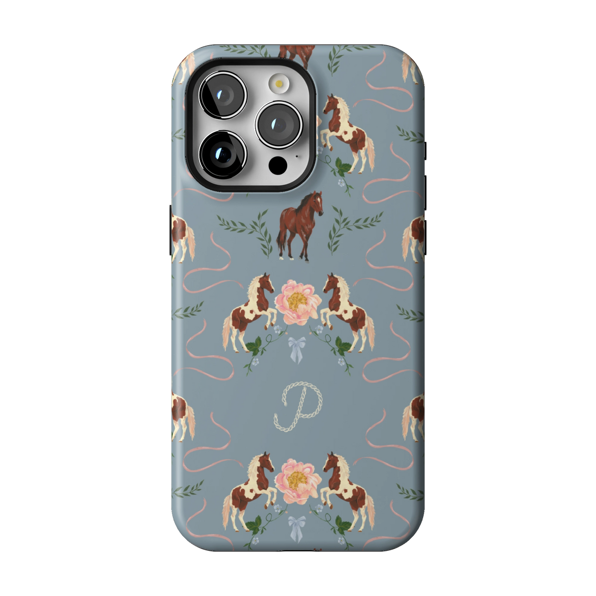 Prairie Personalized case on iPhone 15 Pro Max, back view: horses and blush florals on dusty blue with the initial P