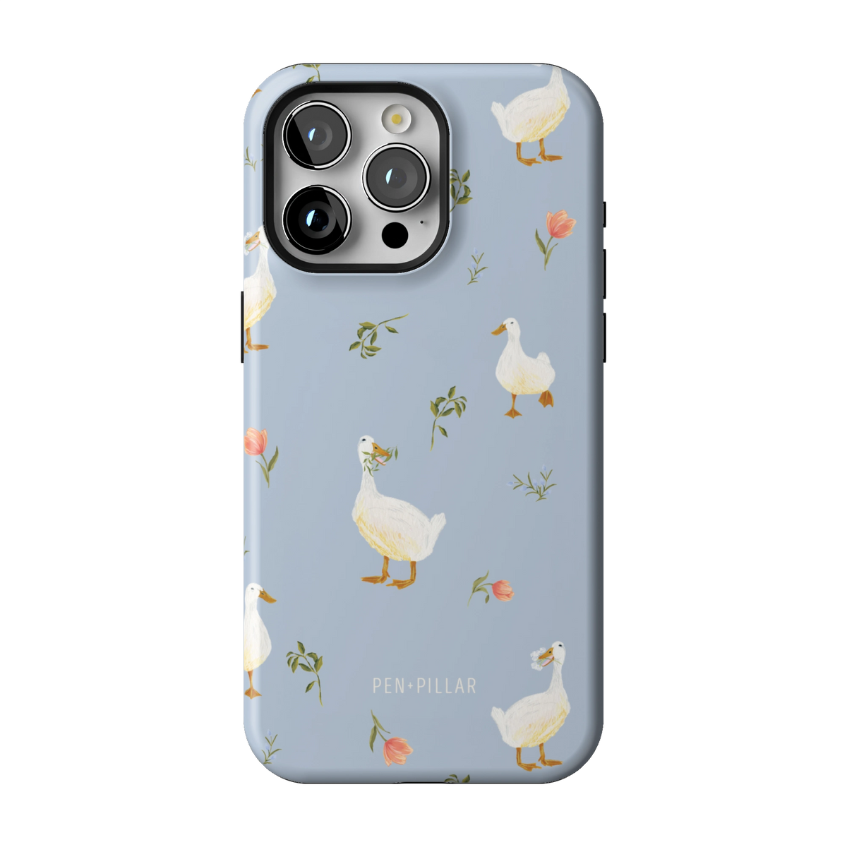 Ducks case on iPhone 15 Pro Max, back view: white ducks and small flower sprigs on soft blue