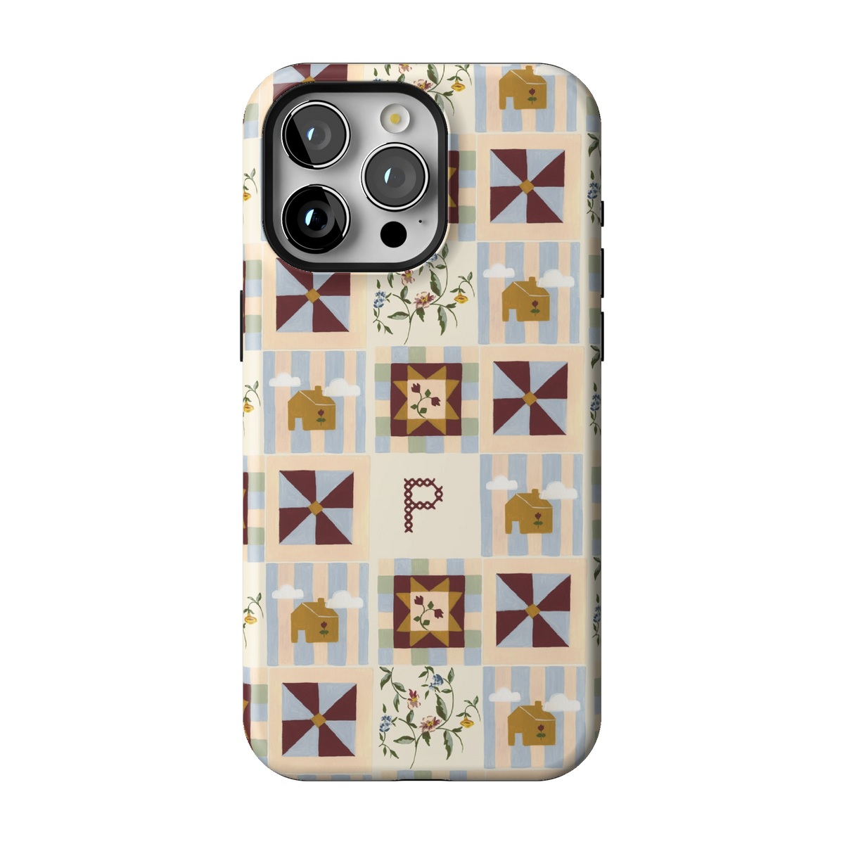 Pinwheel Personalized case on iPhone 15 Pro Max, back view: burgundy pinwheel quilt blocks on blue stripes with the initial P