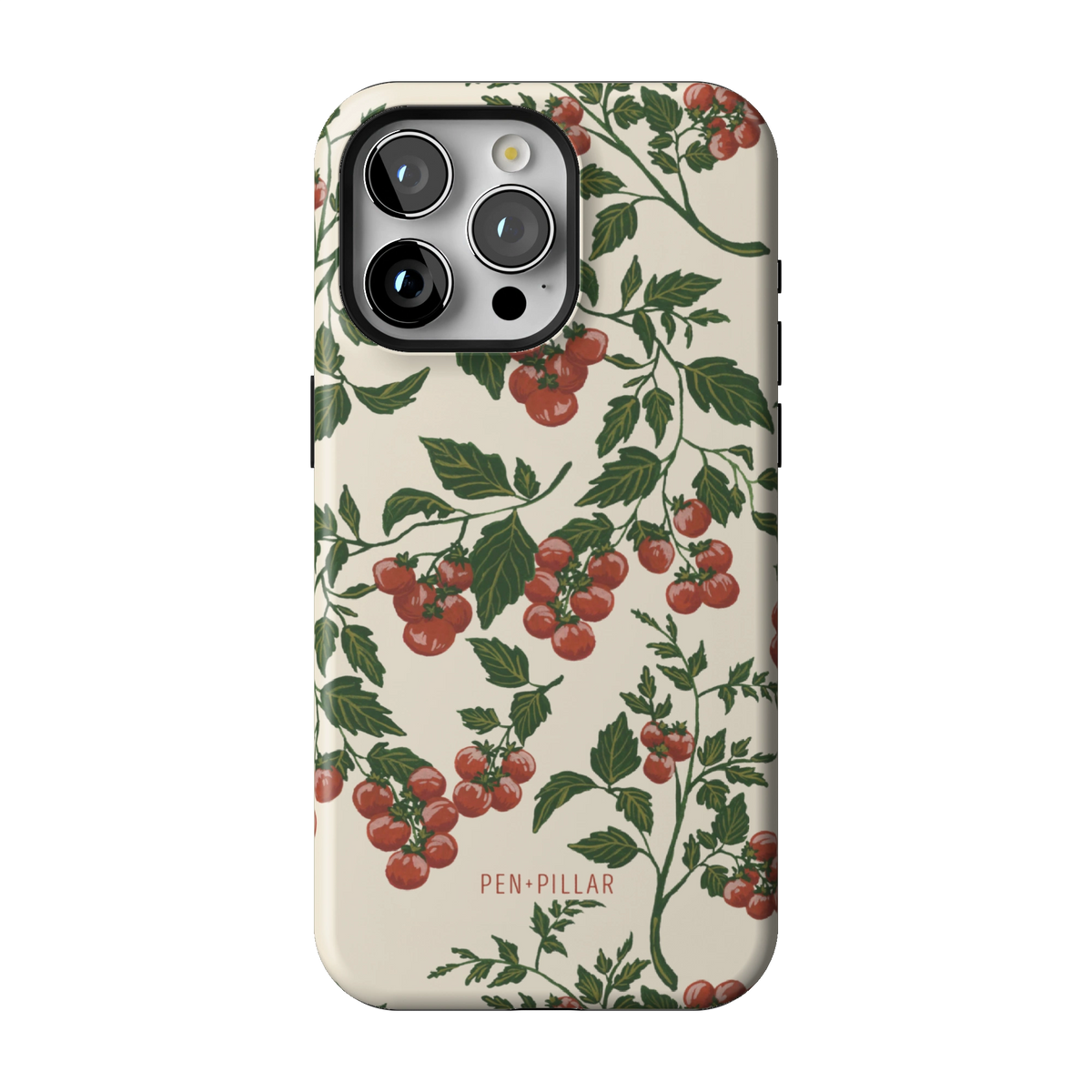Tomato Vines case on iPhone 15 Pro Max, back view: red tomatoes on leafy green vines over cream
