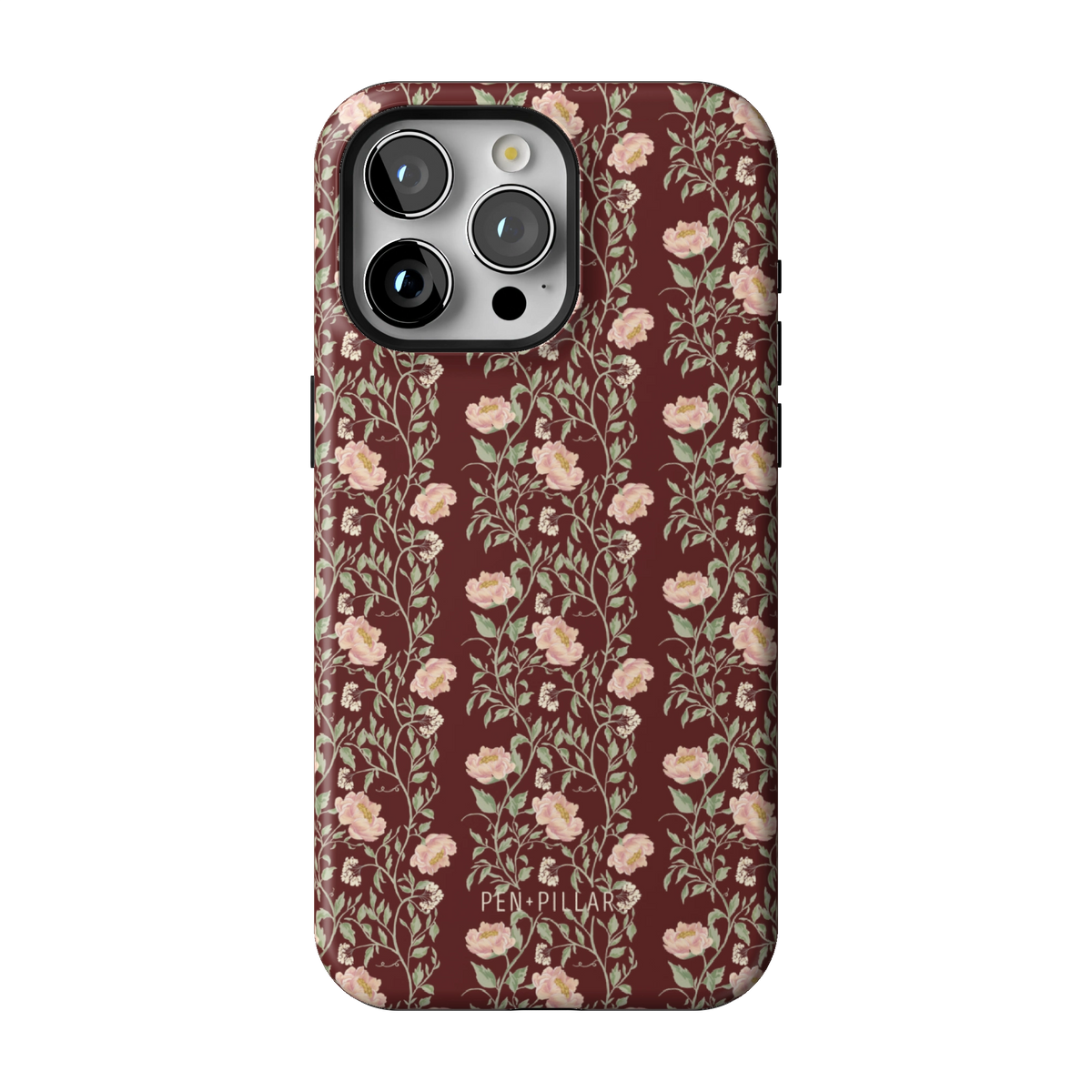 Thicket case on iPhone 15 Pro Max, back view: dense blush and cream florals on deep burgundy