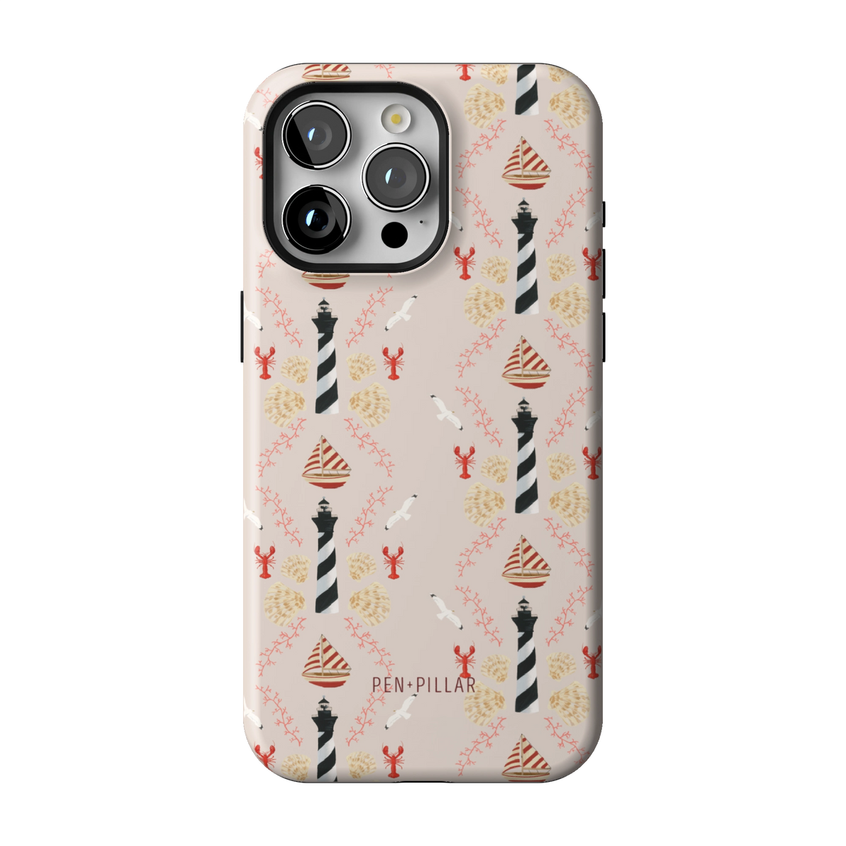 Lighthouse case on iPhone 15 Pro Max, back view: striped lighthouses, lobsters and seashells on blush