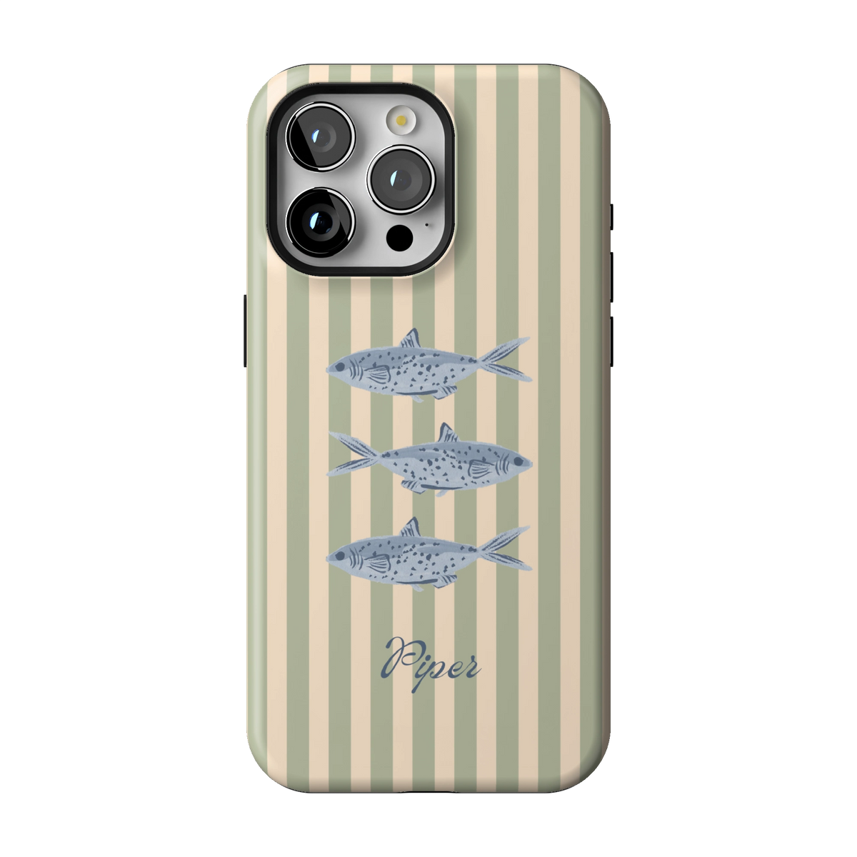 Sea Stripes Personalized case on iPhone 15 Pro Max, back view: blue fish on sage and cream stripes with the name Piper